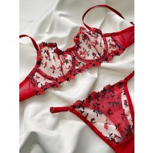Shy Lola Lingerie Kırmızı(Siyah Detaylı)Balenli Kapsız Brode Sütyen Takım (Sütyen-Tanga) /iç Çamaşırı