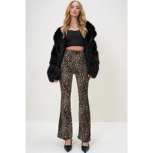 Veramall Kadın Yüksek Bel Ispanyol Paça Krep Kumaş Leopar Pantolon