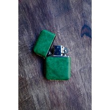 Cactus Hakiki Deri Kılıflı Zippo Benzinli Çakmak ,tamamen El Işi Üretim Yeşil Renkli