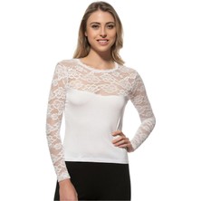 Kadın Viskon Lez Dantel Uzun Kollu Esnek Rahat Yuvarlak Yaka Bluz