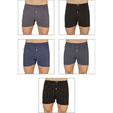 5'li Paket Erkek Pamuklu Havlu Bel Esnek Yumuşak Düğmeli Desenli Penye Boxer Şort Külot
