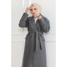 ZL Shoping Beli Kuşaklı Yünlü Dokuma Kaşmir Kaban - Gri