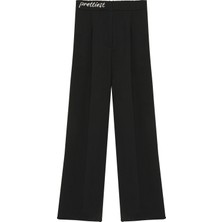 Quzu Beli Yazı Baskılı Bol Paça Pantolon Siyah