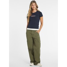 Guess Jeans Klasik Yaka Lacivert Kadın T-Shirt Gj Ss Cn Slım Amerıc - Mıd Organıc
