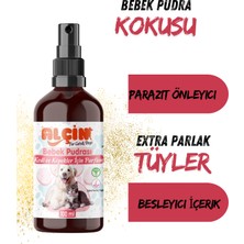 Alçin Kedi ve Köpek Parfümü Parazit Karşıtı Içerikli Bebek Pudrası Kokulu 100 ml. Cam Şişe