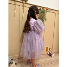 Azece Kids Lila Balon Kol Tüllü Astarlı Uzun Kol Kız Çocuk Doğum Günü Elbisesi Kız Abiye