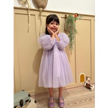 Azece Kids Lila Balon Kol Tüllü Astarlı Uzun Kol Kız Çocuk Doğum Günü Elbisesi Kız Abiye