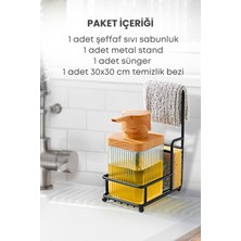 Grimor Life Metal Standlı Süngerli Tekli Şeffaf Ahşap Akrilik Bulaşık Deterjanı Sıvı Sabunluk 400 Ml-Bez Askılığı