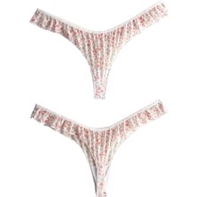 Cottonhill Krem Çiçek Desenli Tül Kenarları Fırfırlı Tanga Külot