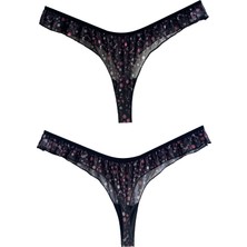 Cottonhill Siyah Çiçek Desenli Tül Kenarları Fırfırlı Tanga Külot