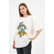 Bisiklet Yaka Baskılı Oversize T-Shirt
