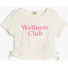 Koton Pamuklu Slogan Baskılı Büzgü Detaylı Kısa Kollu Crop Tişört