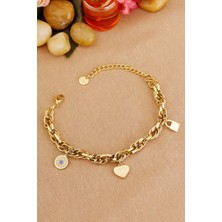 Iç Içe Sarmal Halka Kilit-Kalp-Nazar Charmlı 316L Çelik Kararmaz Solmaz Çelik Bileklik 18+5 cm