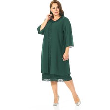Lilas Xxl Büyük Beden Yeşil Renkli Dantelli Dantelli Şifon Ceketli Elbise