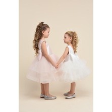 Kız Çocuk Krem  Etekleri Grenli Abiye Elbise 4-8 Yaş