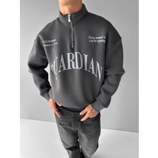 Erkek Oversize Yarım Fermuarlı Dik Yakalı Baskılı Sweatshirt Antrasit