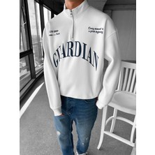 Erkek Oversize Yarım Fermuarlı Dik Yakalı Baskılı Sweatshirt Ekru