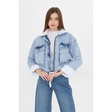 Comstar Yakası Kolları ve Içi Yumuşak Peluş Kürklü Kot Mont