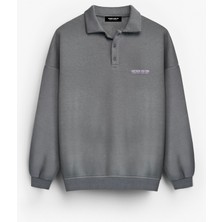 Erkek Rahat Kalıp Baskılı Polo Yaka Sweatshirt Gri