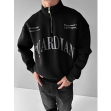Erkek Oversize Yarım Fermuarlı Dik Yakalı Baskılı Sweatshirt Siyah