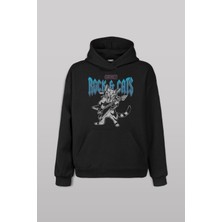Siyah Meowtallica Rock Cat Metallica Gitar Kedi Baskılı Sweat Kapüşonlu Hoodie