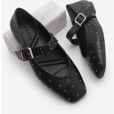 Marjin Kadın Küt Burun Tokalı Zımbalı Babet Velona Siyah