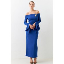 Setre Mavi Dar Kalıp Omuz Ve Kol Detaylı Maxi Boy Elbise