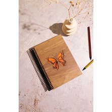 Ahşap Kapaklı Kelebek Desenli Defter- Ajanda- Anı Defteri- Günlük- Çizgisiz Defter- Resim Defteri