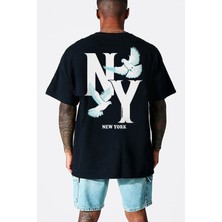 ROCKANDROLL Ny Güvercinleri Siyah Oversize Arka Baskılı Kısa Kollu Erkek T-Shirt