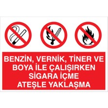 1Beyaz Reklam Benzin Vernik Tiner Ve Boya ile Çalışırken Sigara İçme Ateşle... Uyarı Tabelası - 20x30 Foreks - AA4