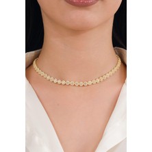 TMT Silver Gümüş Altın Gold Kaplama Beyaz Zirkon Taşlı Pırlanta Modeli Su Yolu Choker Tasma Kolye