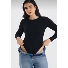 Siyah Bisiklet Yaka Alttan Çıtçıtlı Body Zıbın