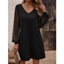 Kadın Uzun Kollu Dantelli V Yakalı Kısa Ithal Krep Elbise