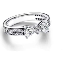 Poseidons Jewellery Gümüş Işıltılı Fiyonk Çift Sıralı Yüzük