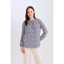 DeFacto Regular Fit Bağcıklı Yaka Desenli Uzun Kollu Bluz N1809AZ25SP