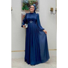 Balon Kol Pileli Abiye Elbise 7013 Lacivert