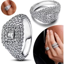 Poseidons Jewellery Gümüş Pave Kare Kokteyl Yüzük