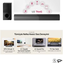 LG Ev Sinema Soundbar Sistem Dts Virtual: x 600W Yüksek Ses ve Kalite, 4.1 Kanal Sinema Deneyimi, Kablosuz Bluetooth Optik, HDMI ve USB Ses Sistemi