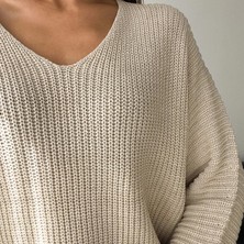Fiolin V Yaka Selanik Örgü Oversize Triko Kazak