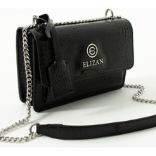 Elizan Kapaklı Bölmeli Zincir Askılı Siyah Kroko Çapraz Kadın Çantası