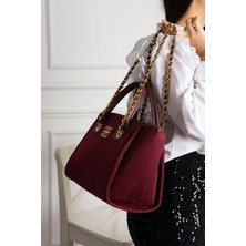 Elizan Geniş Iç Hacimli Zincirli Tasarım Bordo Süet Kadın Çantası