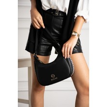 Elizan Zincir Detaylı Ay Dizayn Siyah Omuz ve Çapraz Kadın Çantası