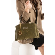 Elizan Nakışlı 3 Bölmeli Haki Nubuk Deri Kadın Çantası