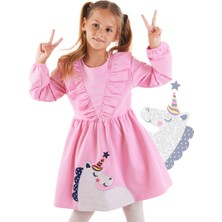 Denokids Simli Unicorn Kız Çocuk Pembe Elbise