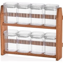 Woodsy 8 Li Kavanozlu Baharatlık 200 ml , Ahşap Stantlı Baharatlık Takımı 24 Adet Baharat Etiketi