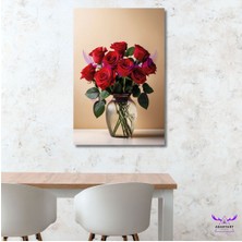 Abart Art Tekli Dikey Kanvas Duvar Tablosu Cam Vazoda Kırmızı Güller