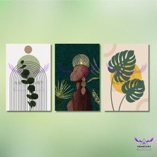 Abart Art 3'lü Kanvas Tablo Seti Bohem Kadın Yeşil Yapraklar