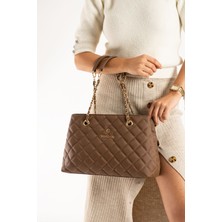 Elizan Klasik Baklava Desenli Orta Bölmeli Vizon Kadın Omuz Çantası