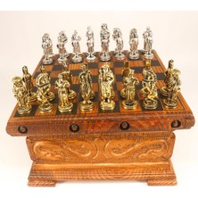 Yeniçeri Satranç Taşları -Gizli Anahtarlı El Oyması Satranç SANDIĞI-20X20CM