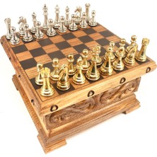 Klasik Altın & Gümüş Renk Satranç Taşları - Gizli Anahtarlı El Oyması Satranç SANDIĞI-20X20 cm